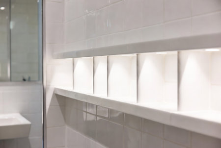 White ceramic shelf in the bathroom with reflection of the wall and floorの素材