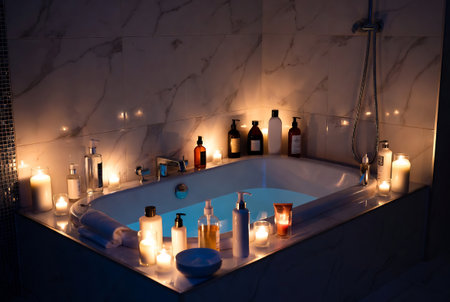 bathtub with candles and bottles of body care products in the bathroomの素材