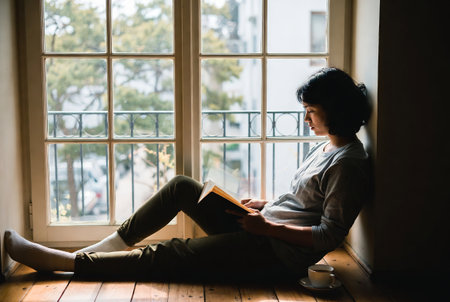 Young woman sitting on the floor by the window and reading a bookの素材