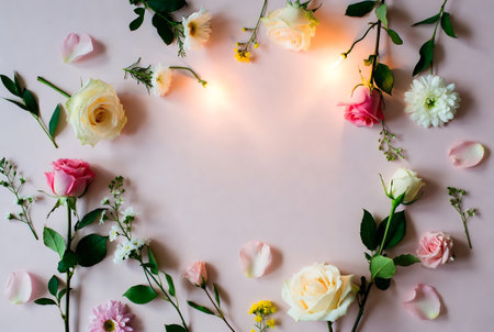 Flower composition. Frame made of rose flowers, green leaves and candles on pastel pink background. Flat lay, top view, copy spaceの素材