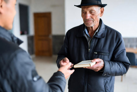 Elderly man in black jacket and hat holding book and giving it to another manの素材