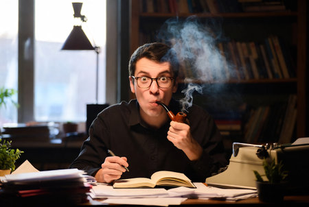 Young man in glasses smoking pipe while sitting at his desk in officeの素材