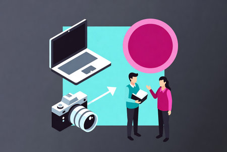 Photographer isometric composition with camera and photographer equipment on black background vector illustrationの素材