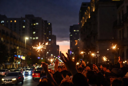 Tourists and locals watch fireworks on the streets of Barcelona.の素材
