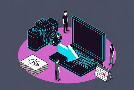 Flat 3d isometric vector illustration of business people working on a laptopの素材
