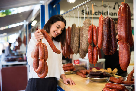 Smiling female customer buying sausages at counter in butcher shopの素材