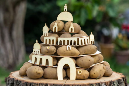 Close up of a pile of freshly harvested potatoes on a wooden stumpの素材