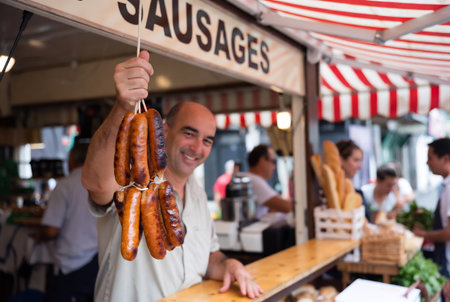 Smiling man buying sausages at street food stall in Franceの素材