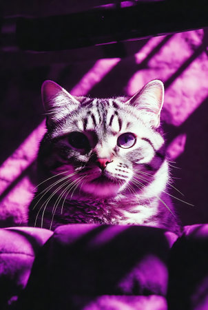 Beautiful british shorthair cat with blue eyes in purple lightの素材