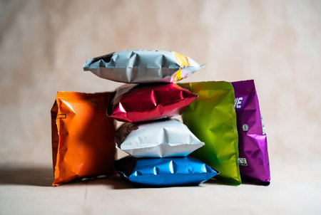 Colorful crumpled paper bags on brown background, close upの素材