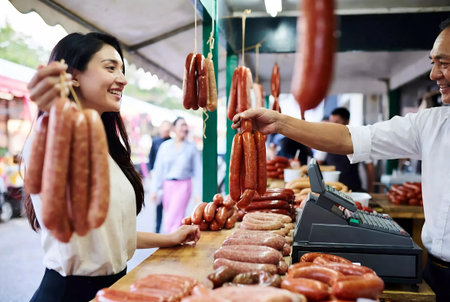 Asian woman buying sausages at street food market. Smiling woman buying sausages at street food market.の素材