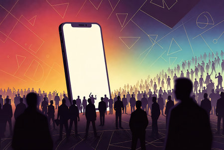Silhouettes of a group of people and a smartphone with a blank screenの素材