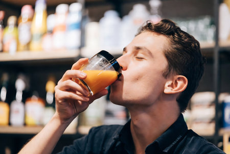 Young man drinking orange juice at the bar counter, close-upの素材