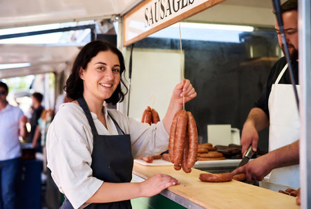 Smiling woman selling sausages at a street food stall.の素材