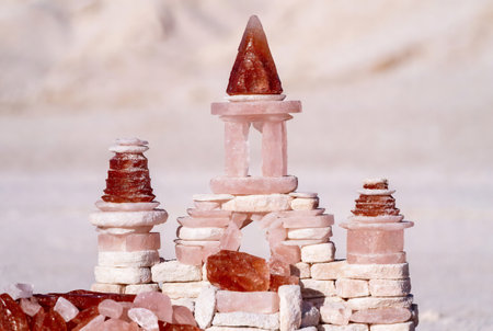 pyramid made of stones in the desert, closeup of photoの素材