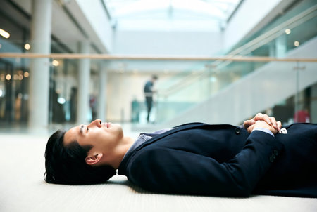 Businesswoman lying on floor in corridor of office building, looking awayの素材