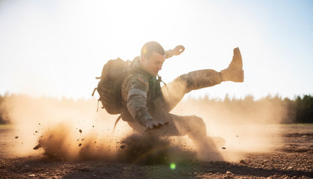 Soldier running through dust on a dirt road in the forest.の素材
