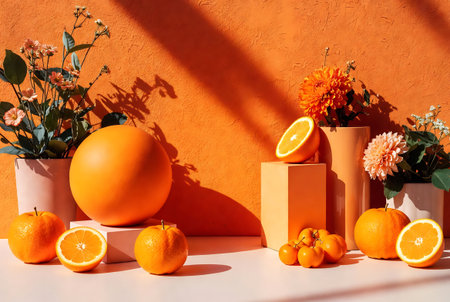 Fruit still life with oranges and flowers on orange wall background.の素材