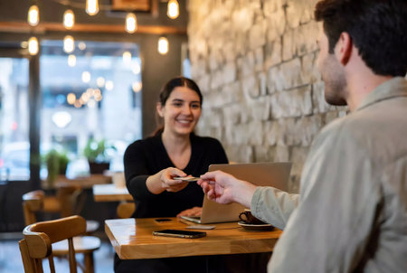 Young couple paying with credit card in a coffee shop. Focus on the manの素材