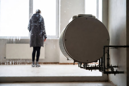 Air conditioner in the room with a woman in the background.の素材