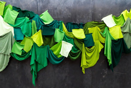 Green and yellow cloth hanging on the wall of a building in Thailandの素材