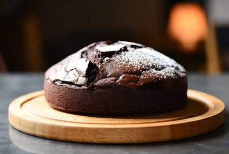 Chocolate cake on a wooden board, close-up, selective focusの素材