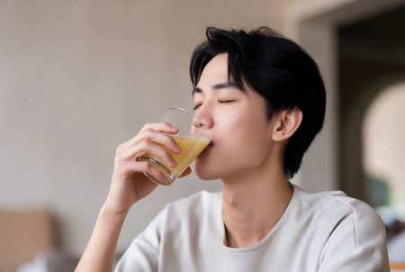 Young asian man drinking orange juice at home. Healthy lifestyle concept.の素材