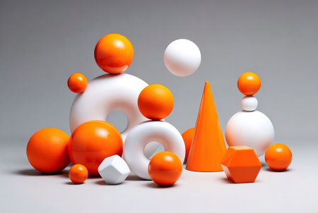 Orange and white figures on a gray background. 3d rendering.の素材