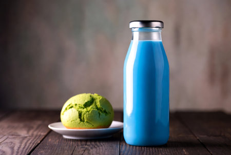 Milk bottle with green tea and macaroon on wooden backgroundの素材