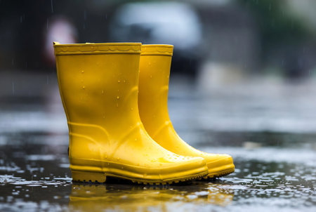 Yellow rubber boots in rain, shallow depth of field, selective focusの素材