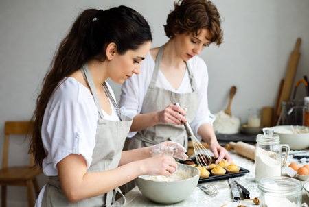 Two young women in aprons kneading dough in the kitchenの素材