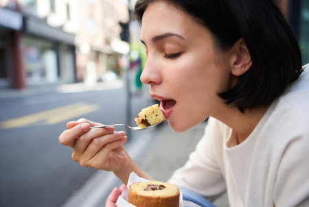 Young woman eating cake in the city. Concept of fast food.の素材