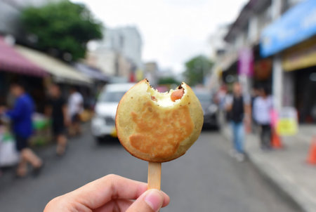 Thai pancake on stick with blurred background, Thai street foodの素材