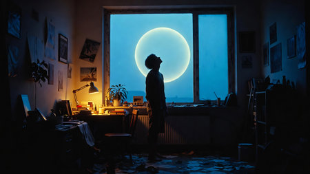 Silhouette of a man at night in a room with a full moonの素材
