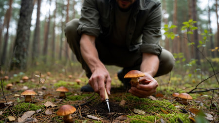 Man picking mushrooms in the autumn forest. Selective focus. nature.の素材