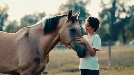 Beautiful young woman and a horse in the field. Sunset light.の素材