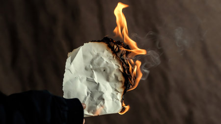 Burning paper in a man's hand on a dark background.の素材