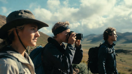 Group of tourists with backpacks and binoculars on the mountainの素材