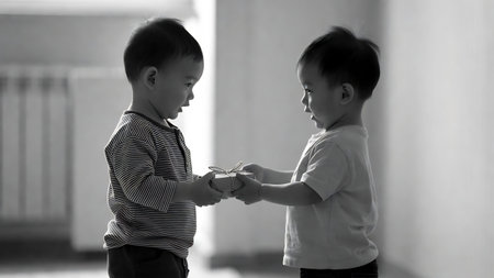 Two cute little boys playing with toys in the room. Black and white photo.の素材
