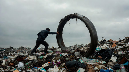 War in Ukraine. A man throws garbage into the trash.の素材