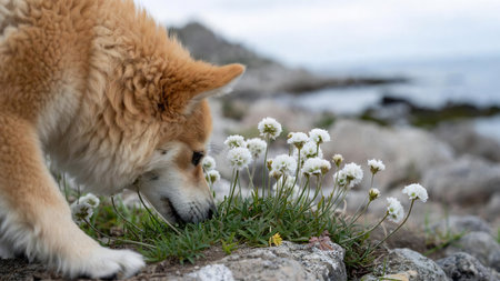 Akita inu dog playing on the beach with white flowers.の素材