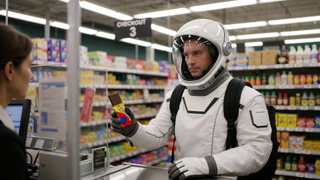 Front view of a Caucasian male cosmetologist wearing a hazmat suit and a helmet and holding a chocolate bar in a supermarketの素材