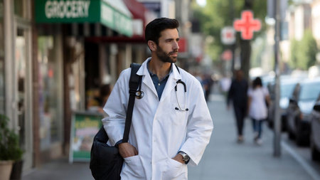 Portrait of a young male doctor with stethoscope in the city.の素材