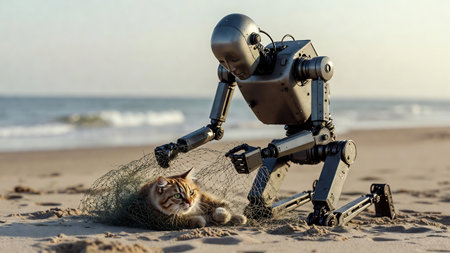 Robot and cat on the beach. Concept of artificial intelligence.の素材