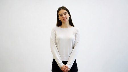 Portrait of a young beautiful girl in a white blouse on a white backgroundの素材