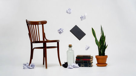 A chair, a book, a glass of water and a plant on a white backgroundの素材