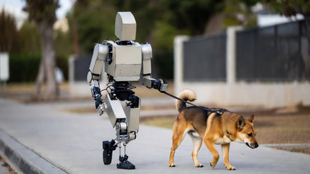 The dog walks on the street with a robot on a leash.の素材