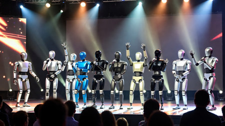 Group of artificial intelligence robots in front of the stage during a concertの素材