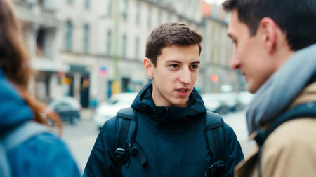 Two young men walking in the city. They are talking and smiling.の素材