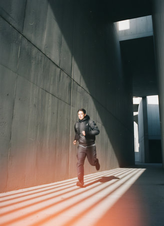 Businessman running in a modern office building with shadow on the wallの素材